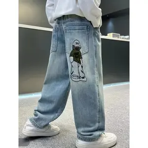 Boys Jeans Pants for Boys - Casual Spring/Fall Polyester Leisure Long Pants, Portrait Pattern, Non-Stretch, Woven, Loose Fit - Hand wash, do not dry clean