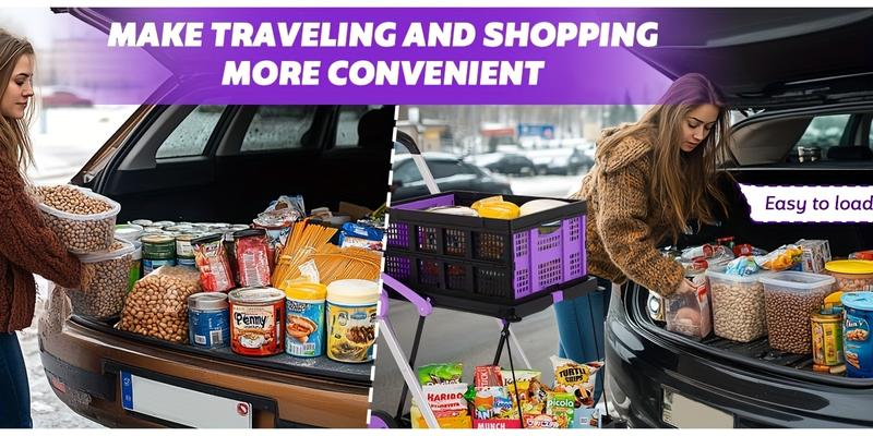 Multi use Functional Collapsible Carts,Mobile Folding Trolley,with Wheels & Removable Basket Carries,2 baskets included,Adjustable Foldable rolling trolley for home,grocery,supermarket. Lightweight,Purple Trolley Storage Crate Portable