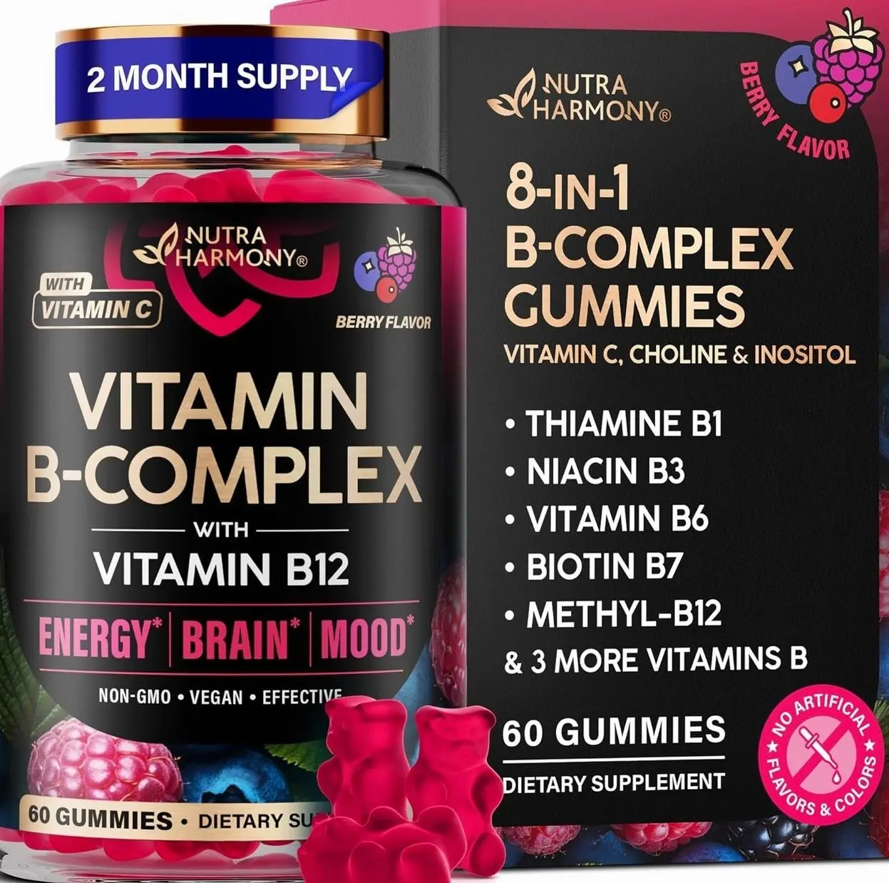 Vitamin B-Complex Gummies for Women & Men - Vitamin B12, B1, B2, B3, B5, B6, B7 & B9 - B Complex with Vitamin C & Choline - Energy, Brain & Mood - Natural Berry Flavor, Vegan - 60 Gummies for 2 Months