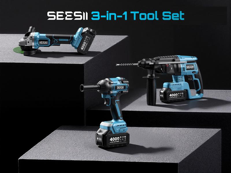 SEESII 3-in-1 Cordless Power Tool Set: Electric Rotary Hammer, Cordless Angle Grinder & Brushless Impact Wrench - Heavy Duty Combo Kit with 2x 4.0Ah Batteries for Construction, Automotive Repair & Metal Fabrication, 3ML