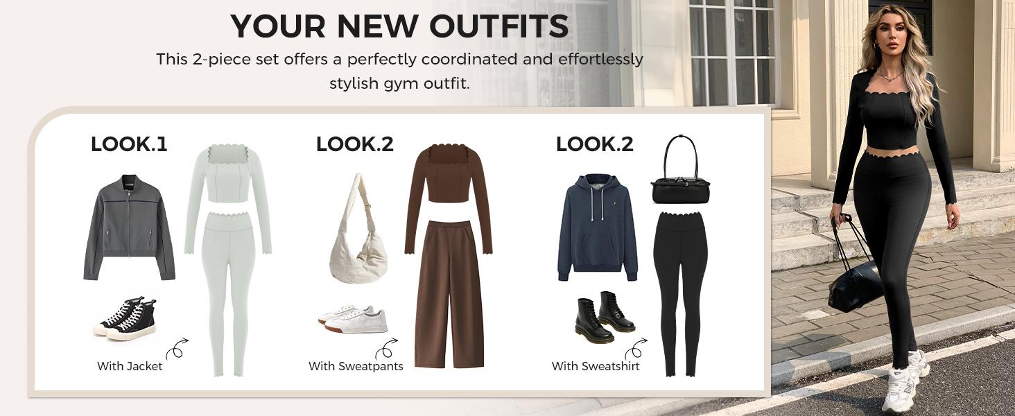 Fisoew Two Piece Workout Sets For Women High Waisted Scolloped Leggings with Crop Tops Gym Yoga Active Wear Outfits