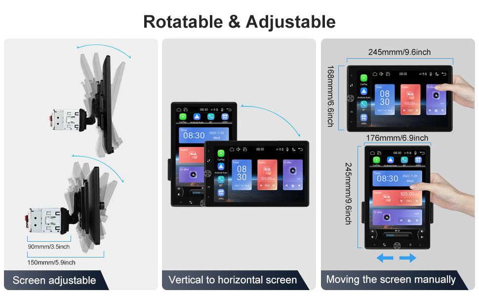 10.4'' Single Din Car Radio with Wired Carplay Android Auto, HD Vertical Rotatable Touch Screen with Bluetooth/USB/FM /Mirror Link Backup Camera