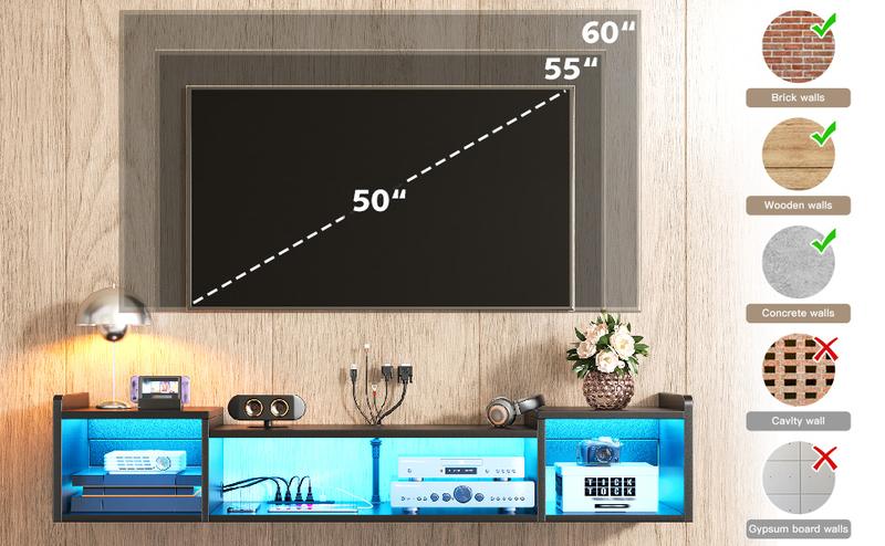 RaybeeFurniture 55"-71" W Floating TV Stand with LED Lights & Power Outlets Wall Mounted Entertainment Center with Storage Long TV Stand for Bedroom, Wood Floating TV Shelf Under TV for Living Room