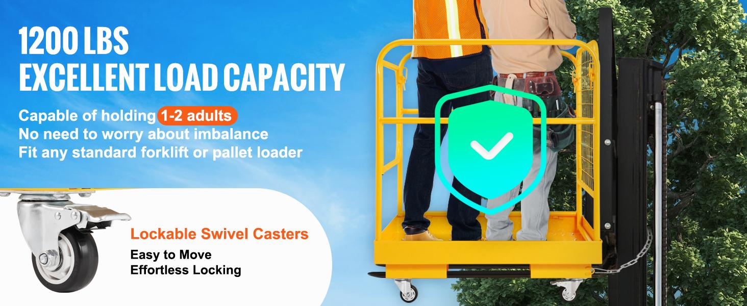 VEVOR Forklift Safety Cage, TikTokShopBlackFriday, 1200 lbs Load Capacity, 36 x 36 inches Folding Forklift Work Platform with Lockable Swivel Wheels, Drain Hole & Device Chain, Holds 1 to 2 Adults, Perfect for Aerial Work