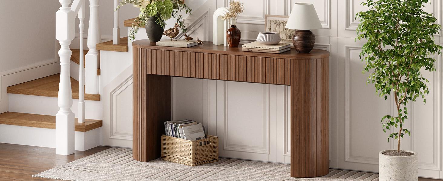 【SPOTLIGHT DAY】ONBRILL 55 Inch Console Table with 2 Drawers, Fluted Entryway Tables with Storage, Sofa Table Behind The Couch, Hallway Tables, Mid-Century Modern Foyer Table for Entryway, Hallway, Living Room