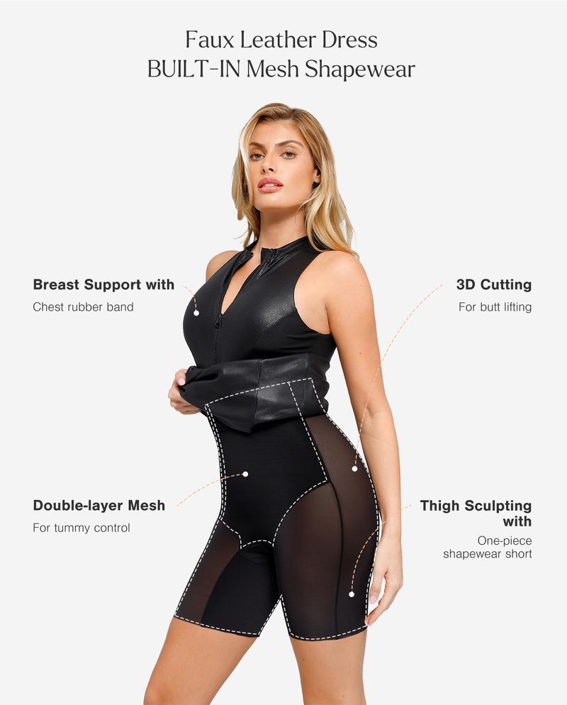 Popilush Faux Leather Midi Dress Front Zip Shapewear Tummy Control Bodycon Sleeveless Sexy Womenswear