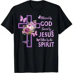 100% Cotton Blessed by God Saved by Jesus Purple Floral Cross Christian T-Shirt