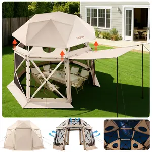 【fathersdaygift】VEVOR Pop up Gazebo Screen Tent, 12 x 12 ft, 13-Sided Spherical Camping Canopy Tent with Removable Top & Carry Bag, Quick-Set & Bite-Proof, Screen House Sun Shelter for 8-10 Persons, Beige
