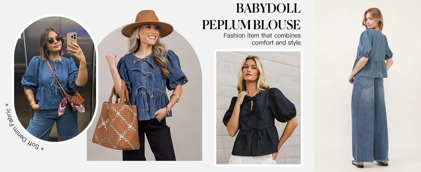 【New】Tankaneo Denim Baby doll Top with Puff Sleeves & Bow Tie Front Blouse for Women Casual Summer cowgirlstyle country concert outfits 【New】Tankaneo Denim Baby doll Top with Puff Sleeves & Bow Tie Front Blouse for Women Casual Summer cowgirlstyle country concert outfits