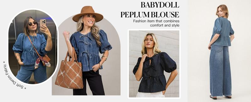 【New】Tankaneo Denim Baby doll Top with Puff Sleeves & Bow Tie Front Blouse for Women Casual Summer cowgirlstyle country concert outfits