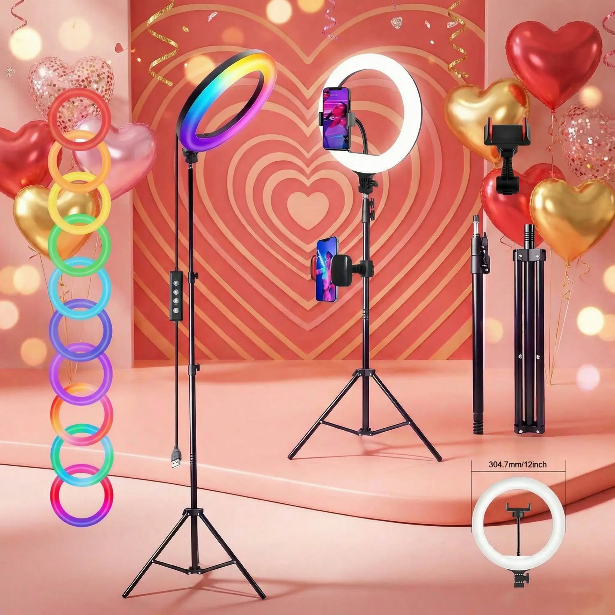 12" RGB Video Light With 63" Telescoping Tripod Stand & Phone Holder - Selfie Ring Light With 3 Light Modes & 10 Brightness Levels - Fill Light For YouTube/Instagram/Photography/Live Streaming/March Madness/Spring Break -  / International Women's Day