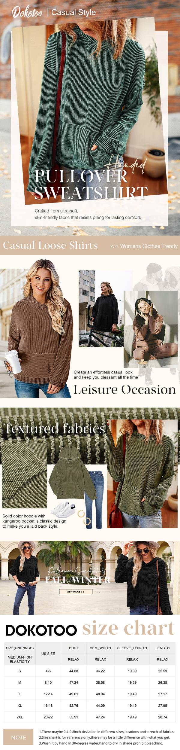 Dokotoo Women's Pullover Hoodies Sweatshirts Casual Loose Long Sleeve Ribbed Knit Shirts