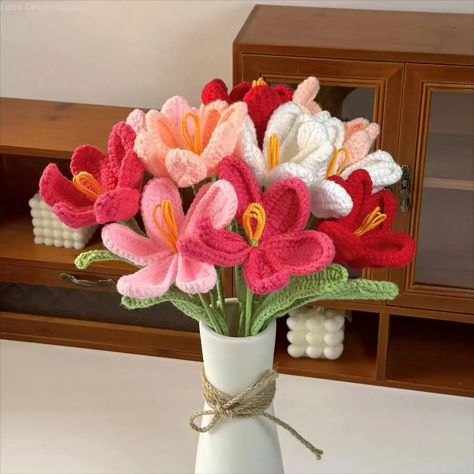 Handmade Crochet Lily Flower Bouquet - Colorful Yarn Decorative Arrangement, Home Decor Table Centerpiece, Decorative Gifts for Women, Crochet Flowers Bouquet, Artificial Flower Decorations