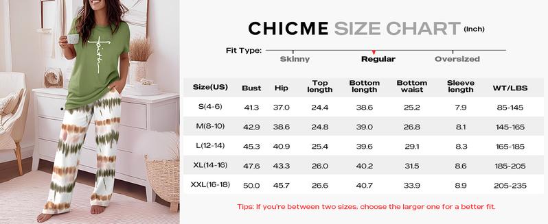 ChicMe Women's 2 Piece Sets Round Neck Short Sleeve Top & Ombre Print Loose Pants Matching Pajamas Sets Fit
