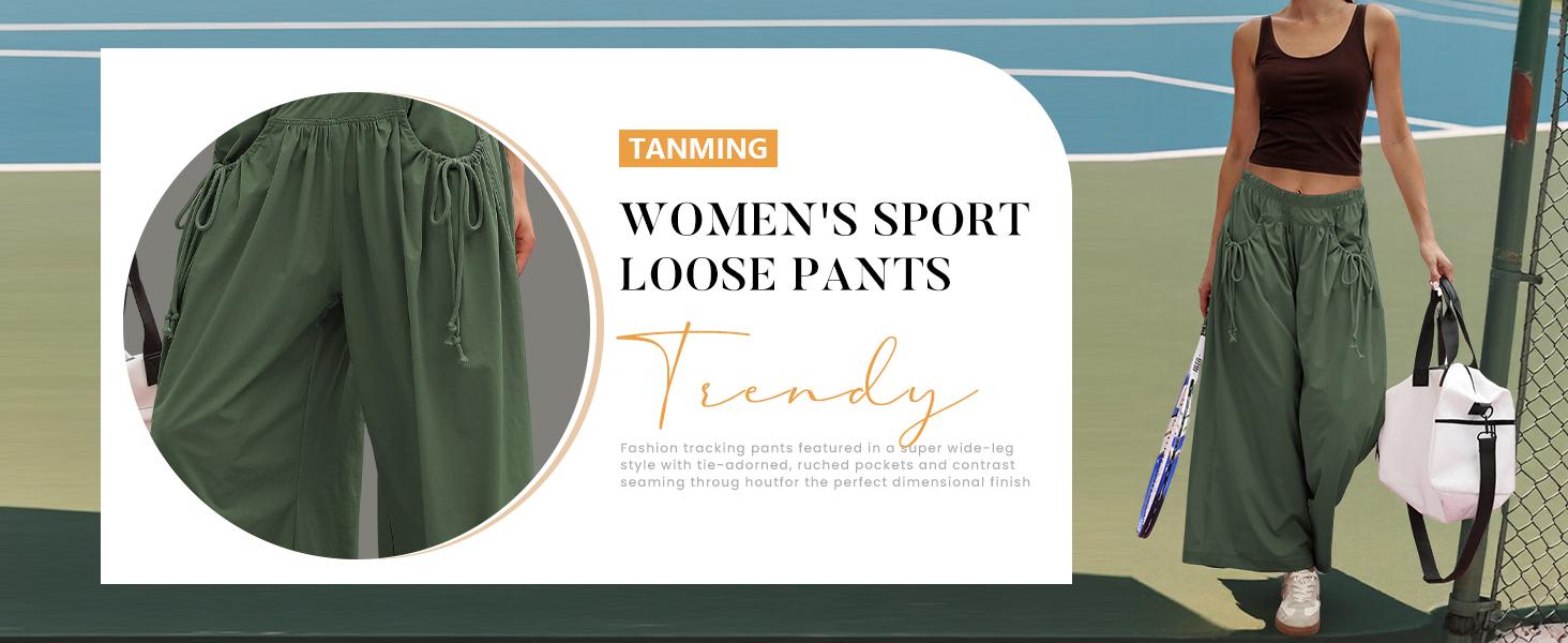 Tanming Women's Wide Leg Track Pants Spring Drawstring Pockets Loose Fit Elastic Waist Capri Hiking Parachute Pants Casual for Hyrox #SpringStatements