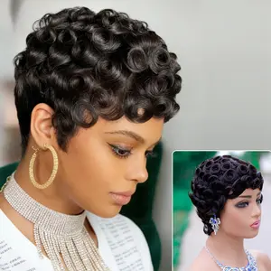 Short Wavy  Curly Human Hair Wig  Head Cover Fashionable Elf Gradient Brown Machine-Made Full Head Wig Cover With Bangs Easy To Care For Daily Holiday And Christmas Wear