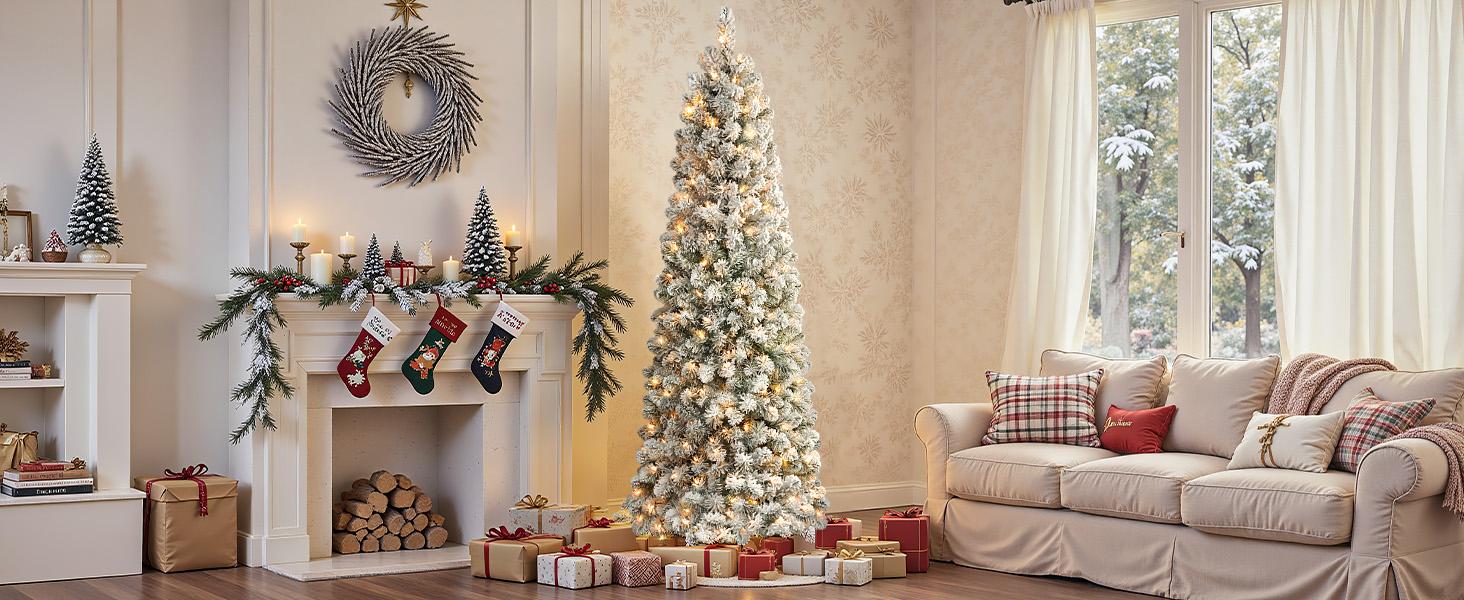 SHareconn 2025 6/ 7.5/ 9FT Pre-lit Snow Flocked Slim Christmas Tree with Warm White Lights & Dense Snow Flocked Branches Ideal Pencil Tree Decoration for Festive Home Decor