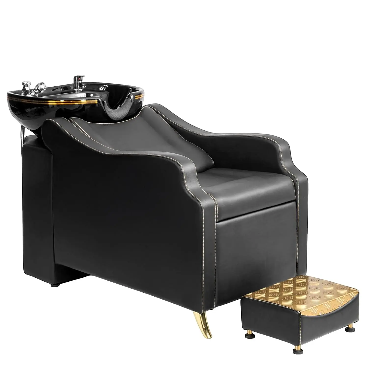 OmySalon Commercial Sit-Down Shampoo Backwash Unit - Large Porcelain Shampoo Basin, Sturdy Adjustable Metal Barber Chair with Memory Foam, Large Bowl Beauty Spa Hairdressing Furniture (Assembly Required), Modern