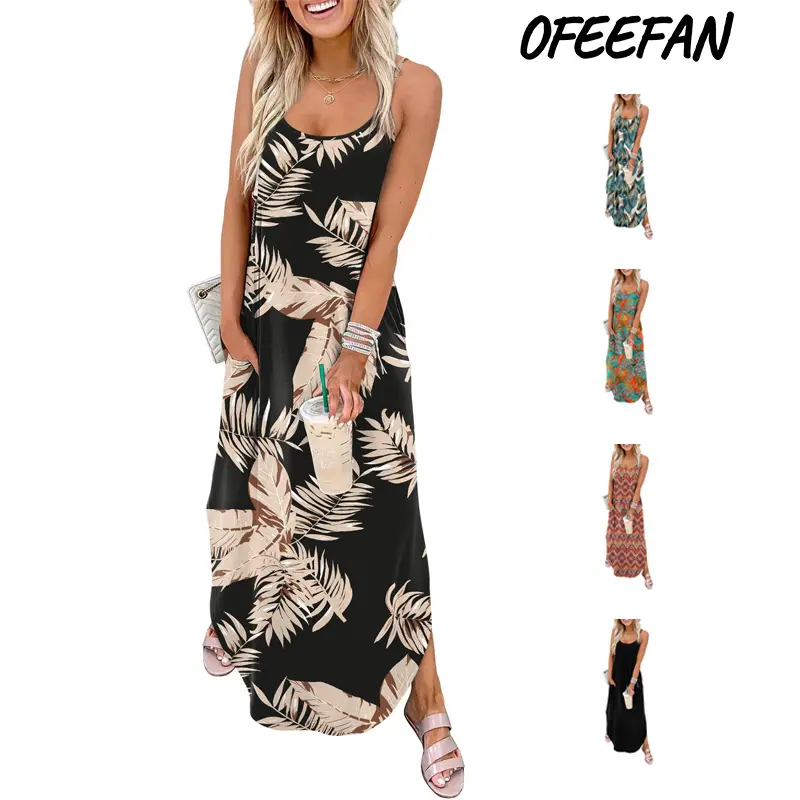 OFEEFAN Women's Maxi Dresses for Women Casual Long Summer Sun Dresses 2026 Spaghetti Strap Hawaiian Vacation Outfits for Women