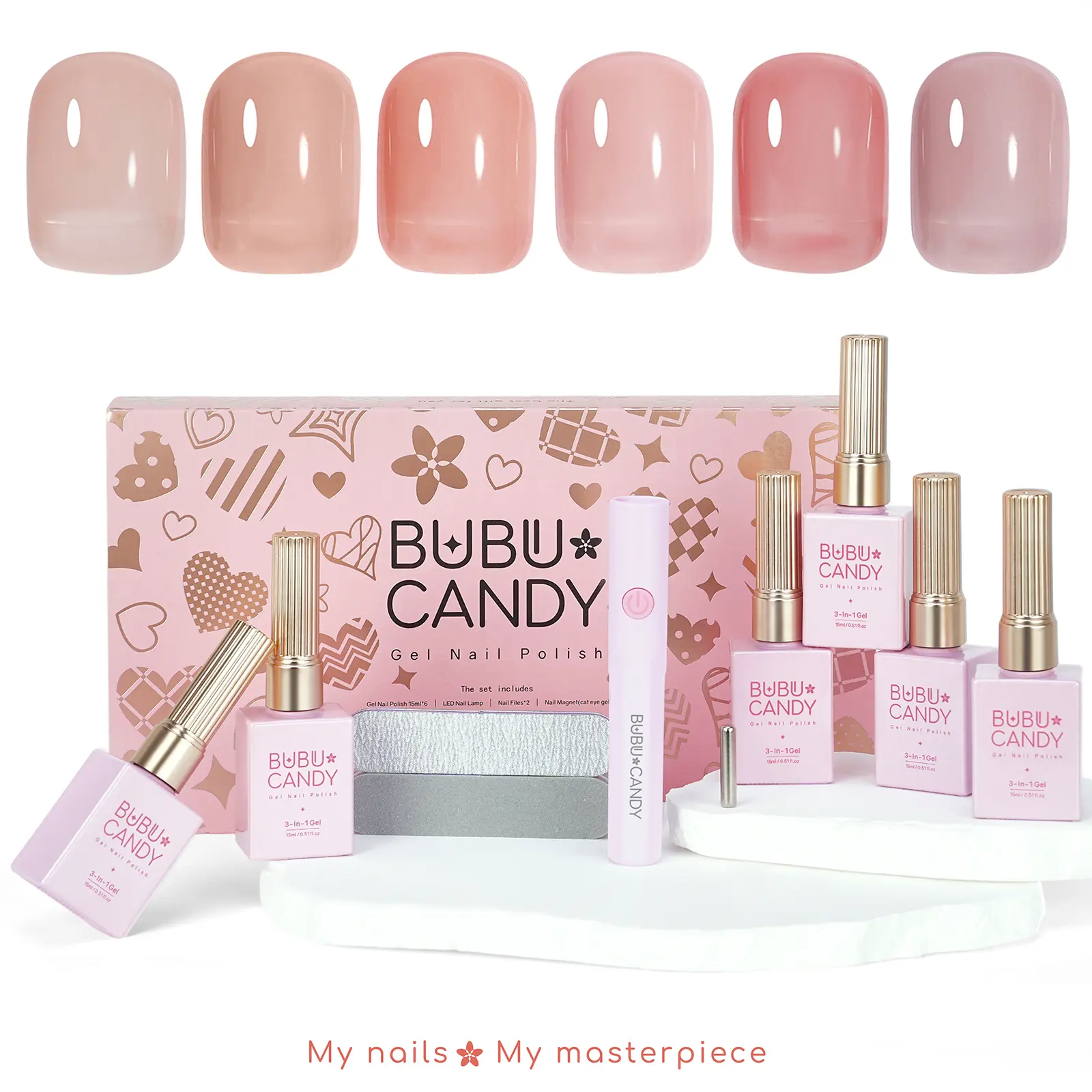 BUBU CANDY 6PCS Lazy Life One-Step Gel Nail Polish Set, HEMA-Free & TPO-Free Nude Solid Colors with LED Light & Rubbing Strips, 15ml Each, 3-in-1 No Base/Top Needed DIY Manicure Kit #