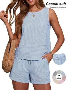 TFNOSIZE Women’s Summer Striped Breathable Casual Two-Piece Set — Tank Top and Shorts Set, Round-Neck T-Shirt, Sleeveless Design, Stylish Matching with Pockets (2026)