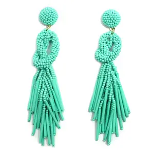 Handmade Beaded Solid Color Post Statement Earrings for Women All Season - 4 inch Long Dangle with Celtic Knot Design - Czech Seed Beads - Sea Green