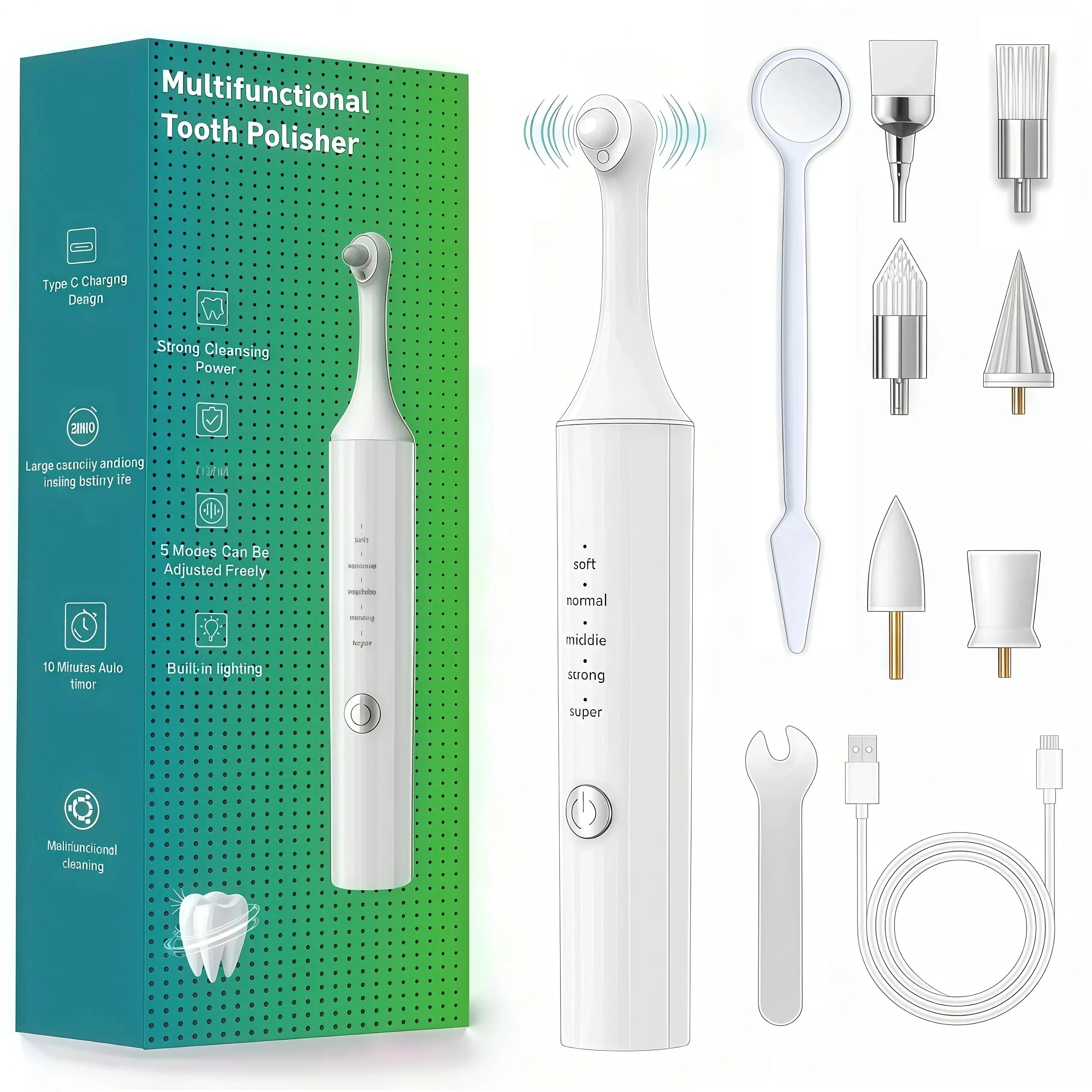 Professional Dental Polisher Teeth Cleaner Teeth Grinder with LED Light 5-Speed Button for Daily Cleaning, Polishing and Whitening Teeth Polishing Kit, USB Charging Dental Polisher with LED Light Teeth Whitening Device