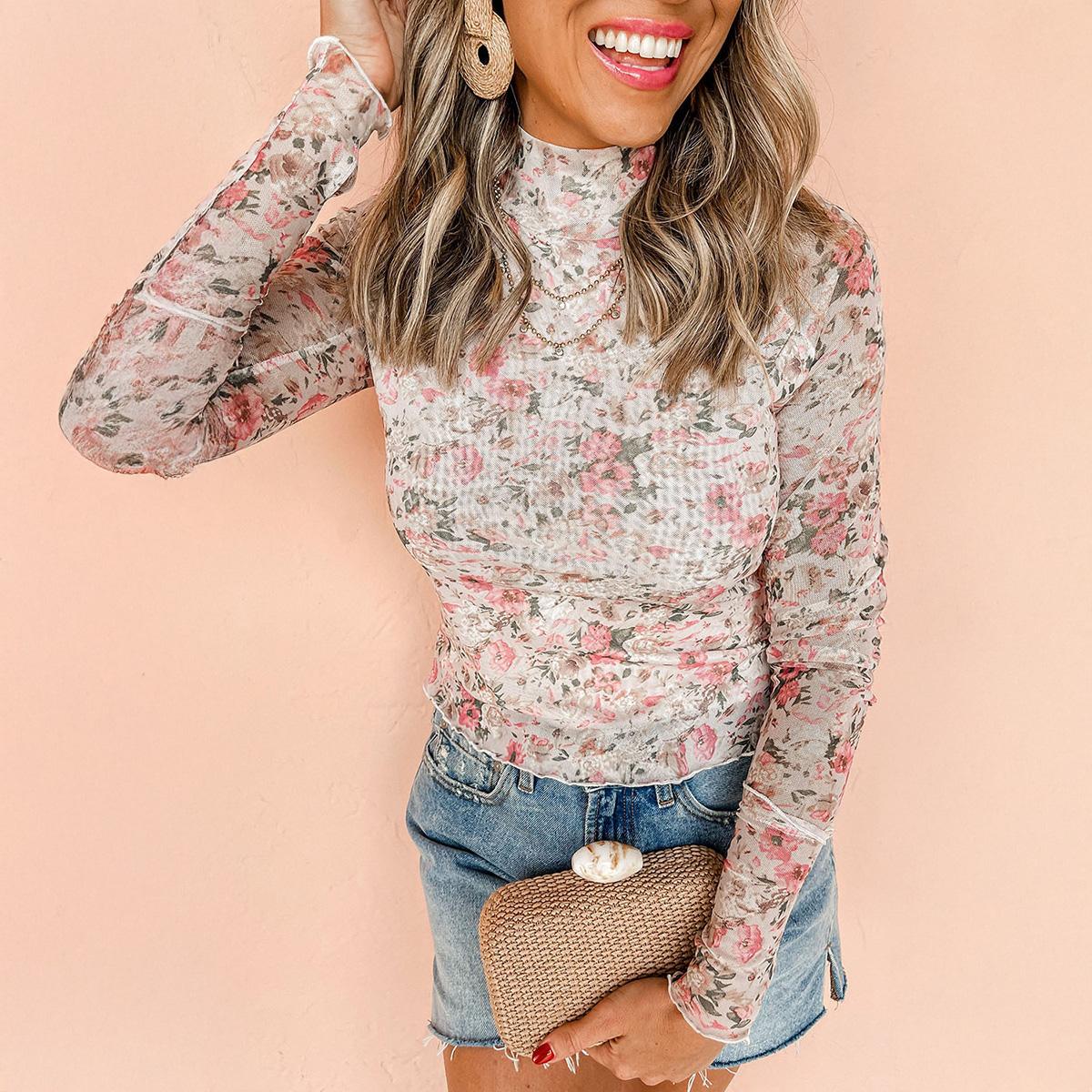 Znacicc Women's Super Chic Checkered Mesh Mock Neck  Winteroutfit Long Sleeve Top - Chic Shirt for Women - Womenswear