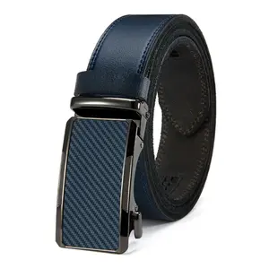 Men’s navy blue genuine leather automatic-locking belt with an adjustable carbon fiber-textured automatic buckle head; a durable, casual yet formal dress belt suitable for various occasions—an excellent gift for Valentine’s Day and Father’s Day.