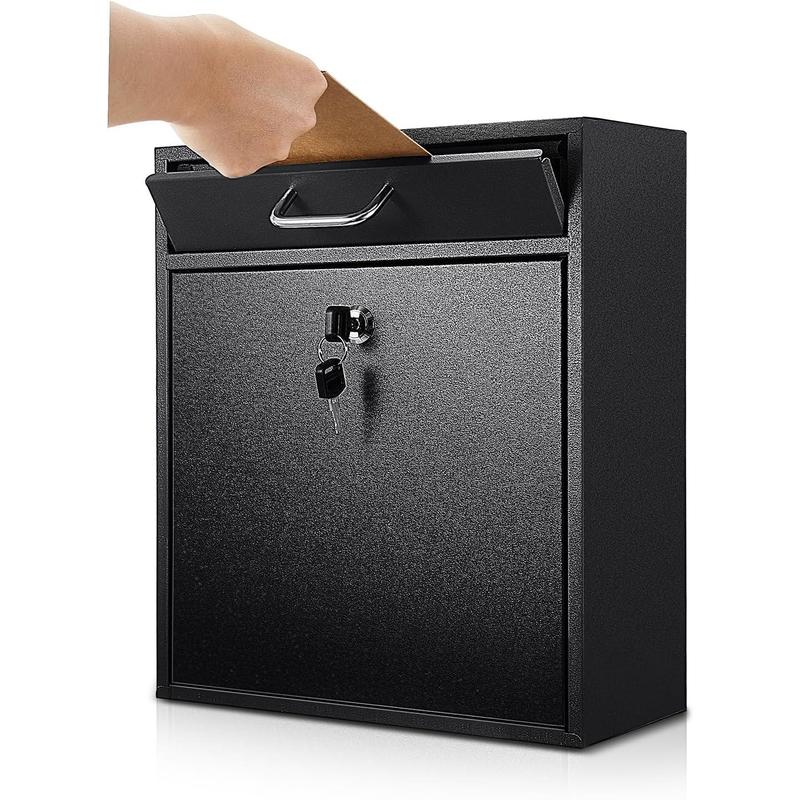 Locking Mailbox with Key for Outdoor 12 x 10.5 x 4.7 Inches Large Wall Mount Mail Box with Lock Security Mail Drop Metal Collection Boxes Hanging Secure Postbox(Black)