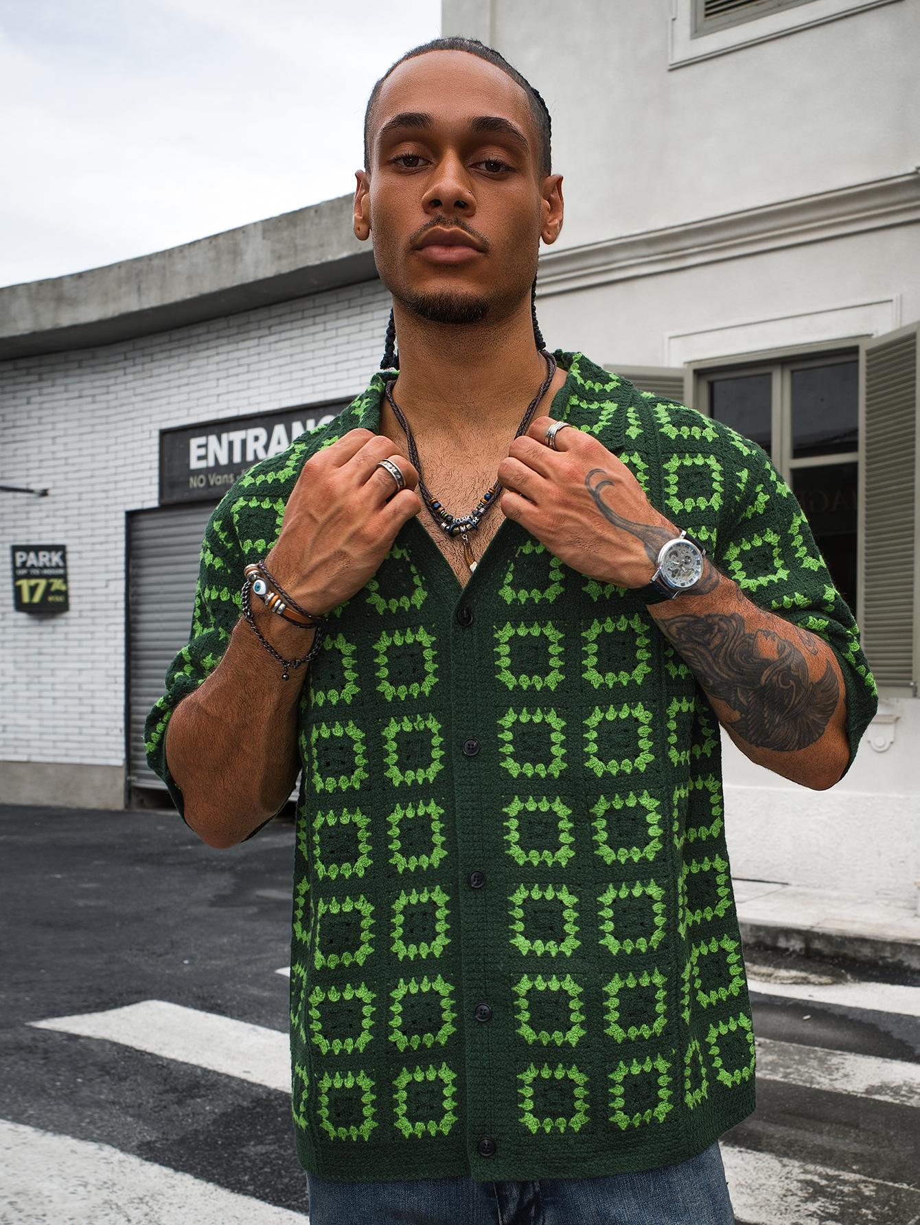 Summer Essential Men's Dark Green Colorblock Knit Short-Sleeve T-Shirt with All Over Print Loose Fit Casual Vacation Wear Tops Button Up