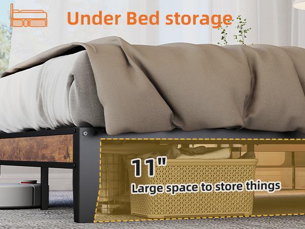 Full Bed Frame with Headboard, Underbed Storage, Built-in Charging Ports, Sturdy Noiseless Design, Tool-Free Assembly, No Box Spring Needed