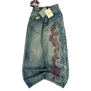 Y2K American New Pattern Embroidery Blacks Baggy Jean Boys Men High Street Vintage Hip Hop Fashion Casual Joker Couple Wide-leg
