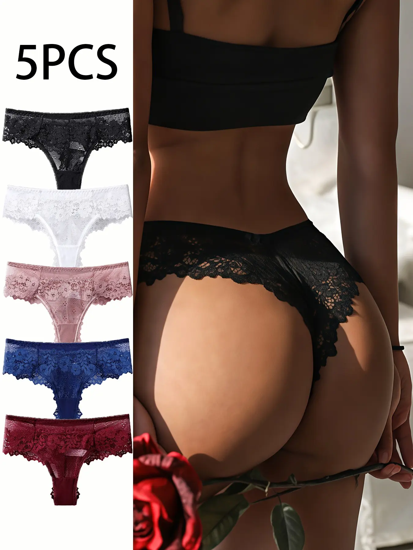Five-Piece Lace G-Strings Set, Intimates Panties, Fashion Underwear, Elegant Underwear Collection, Perfect for Everyday Wear, Comfort & Style Combined, Ideal Gift Option