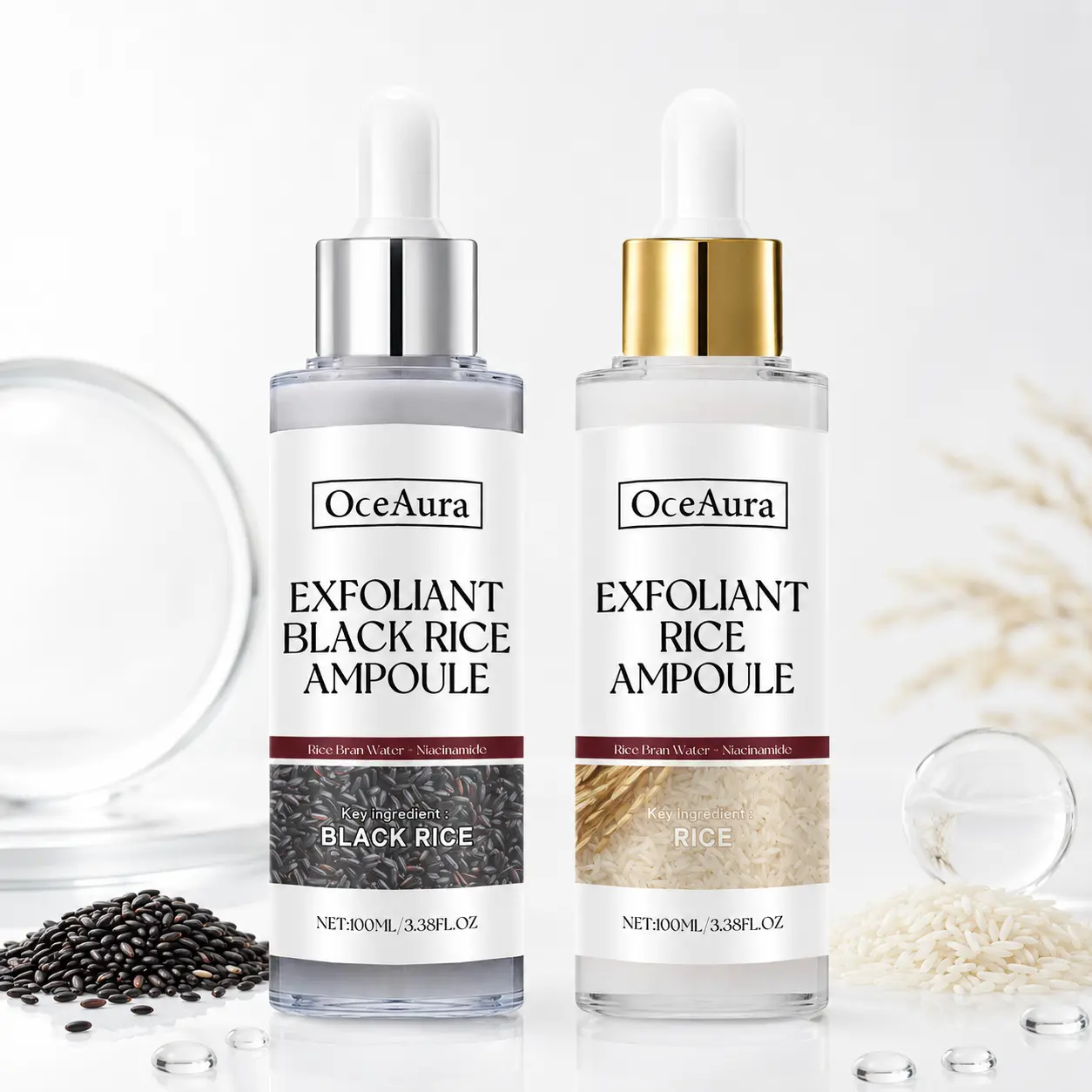 Exfoliating Rice Extract Ampoule Serums Set (2x100ml with Dropper) - Niacinamide-Infused Gentle Daily Brightening Serum for All Skin Types, Pore-Polishing, Discoloration-Fading, Lightweight Evening Formula