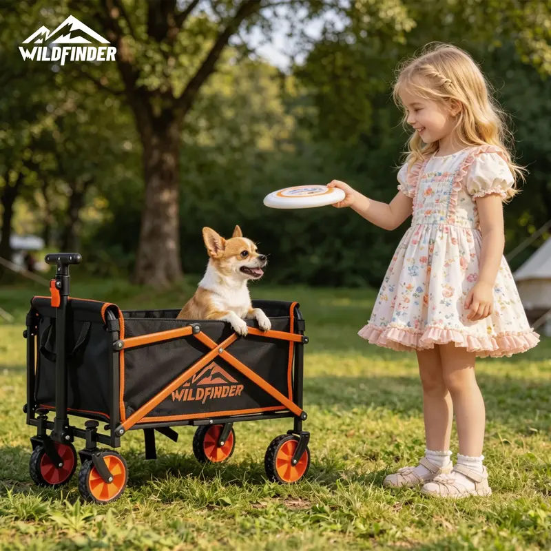 【Small Size】Collapsible Utility Wagon Cart with Wheels, 88 lbs Heavy-Duty Load, Lightweight Folding Design and Adjustable Handle for Camping, Garden, Sports, and Shopping
