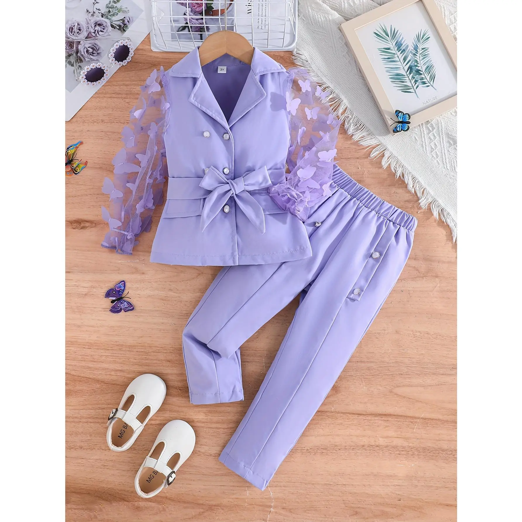 Girls' 2-Piece Regular Fit All-Seasons Suit, 3D Collar Long Sleeve Blazer + Solid Color Long Pants Set