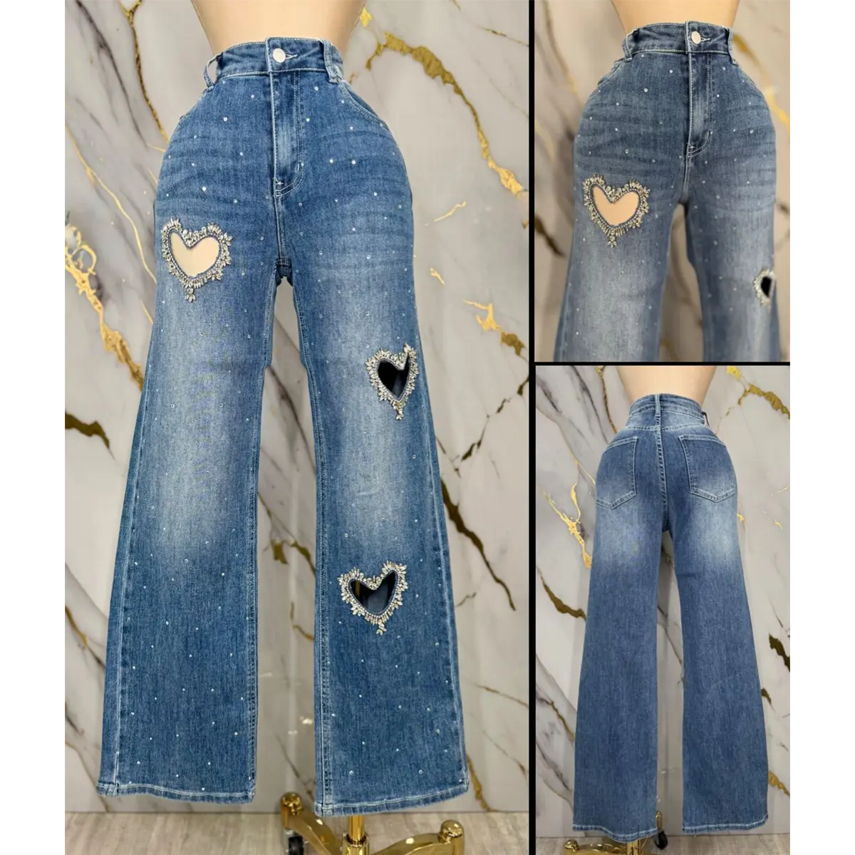 Heart shaped cutout embellished denim pants - stretchy 