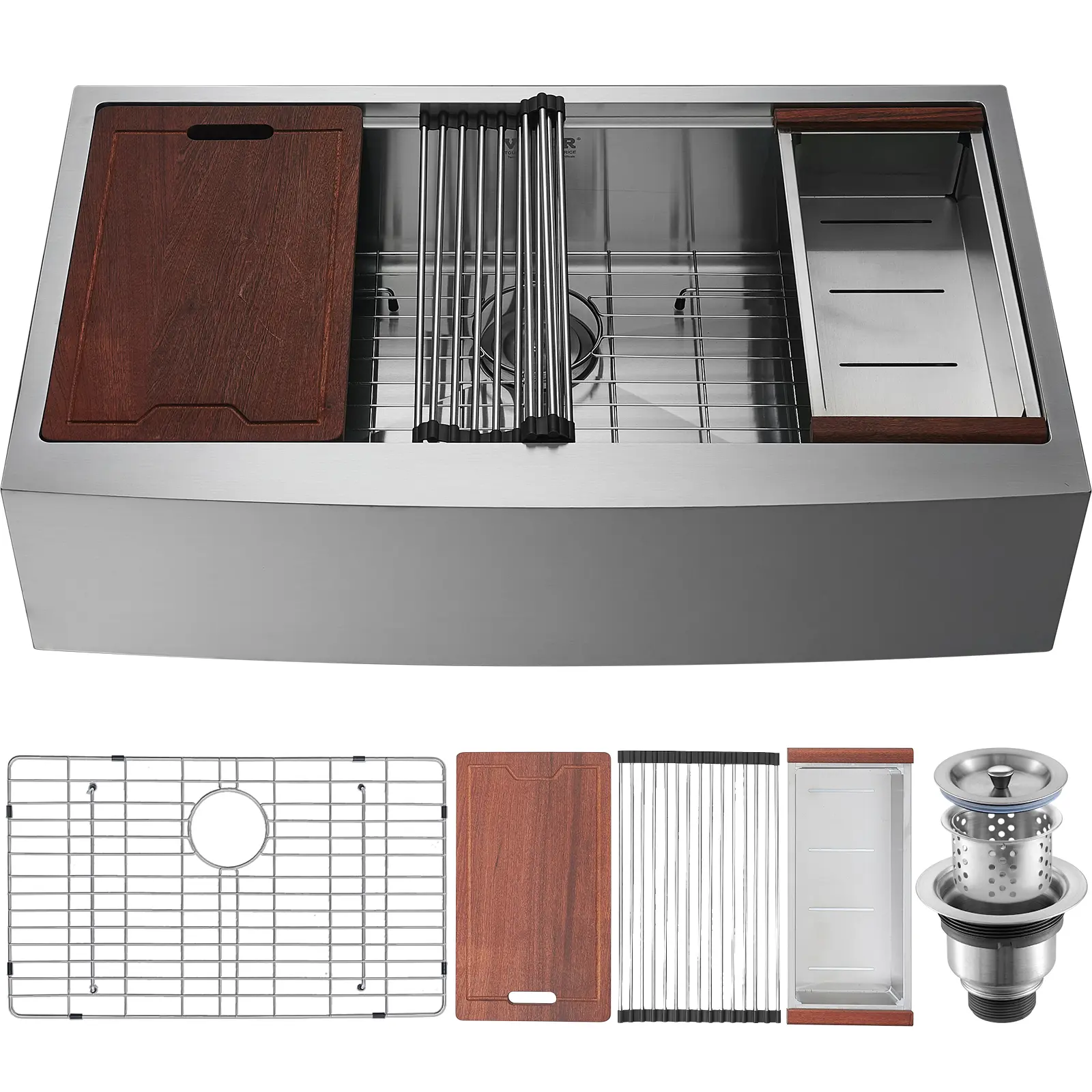 VEVOR 36-Inch Durable Metallic 304 Stainless Steel Drop-In Round Farmhouse Sink, Top-Mount Single Bowl Workstation with Ledge, Sahibili Wood Cutting Board, Draining Basket for Prep Use, 36 Inches