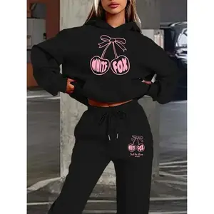 Hooded sweatshirt set, popular cherry and bow prints for autumn and winter, sweet style, comfortable for daily wear, loose fit