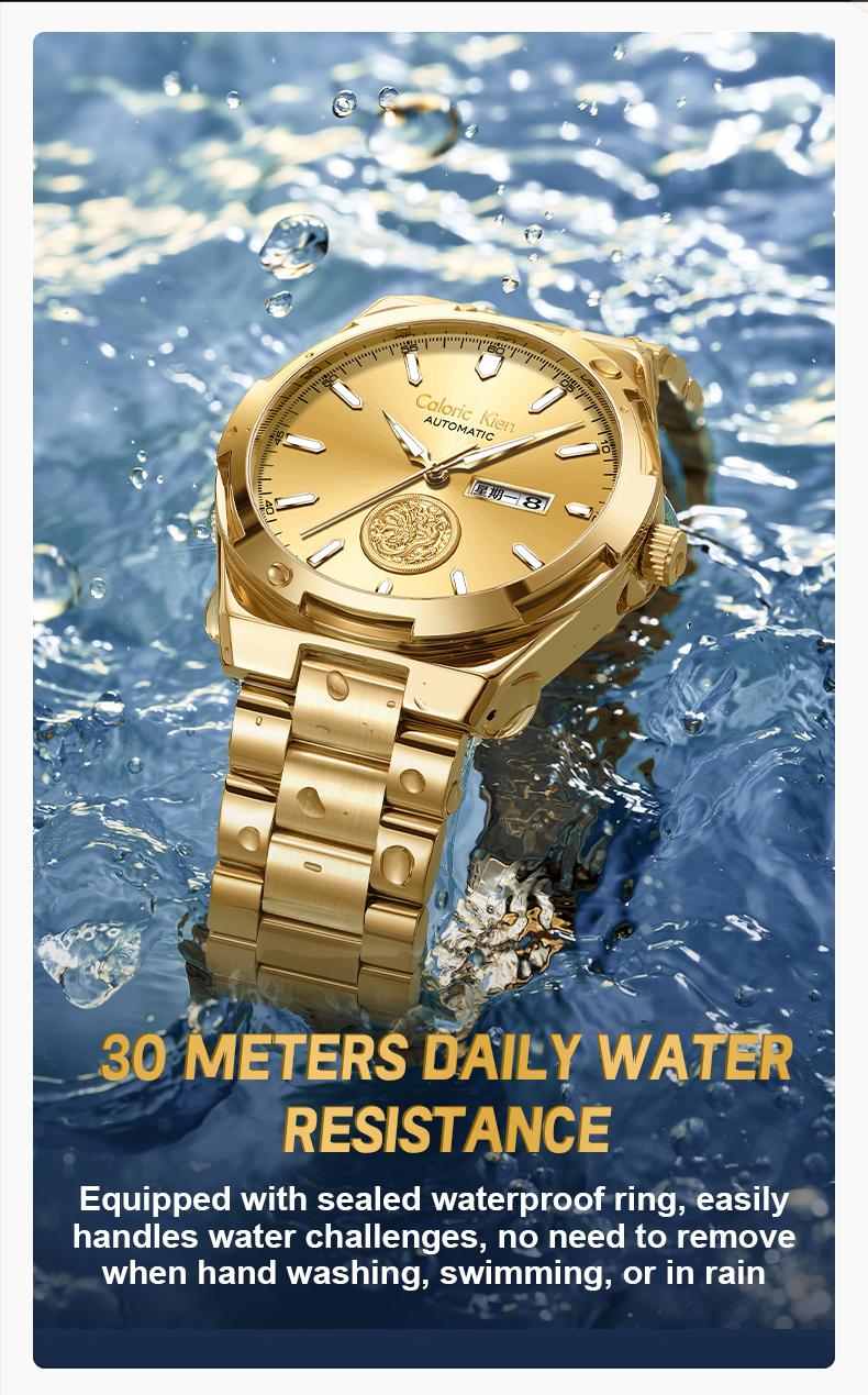 Calonic Kien Men's Luxury Swiss Automatic Gold Watch with Dual Calendar 42mm Stainless Steel Band Luminous Display Water Resistance Buckle