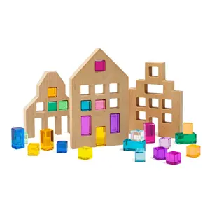 Riley City Blocks & Gems Set - 3 Wooden Houses with 25 Lucite Gemstones for Ages 3+ - Educational Toy for Cognitive Development & Fine Motor Skills