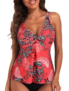 Hilor Women's Underwire Tankini Top Bathing Suit Front Twist V Neck Swimsuit Top Flowy Swimwear Top Only