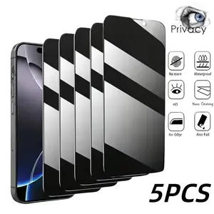 5PCS Privacy Screen Protector for iPhone 13 Pro Max / 11 / 12 / 14 / 15 / 16 / 17 Pro Max / Plus / Pro / 17 Air / 16E iPhone 16 Pro Max Tempered Glass 9H Hardness, Bubble-Free, Easy to Install, Sensitive Touch