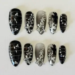 Chrome Star Nails – Gothic Black Chrome Press-On Set with Stars & Rhinestones, 3D Charms and Star, Trendy Hot Girl/Dark Punk Cross Nail