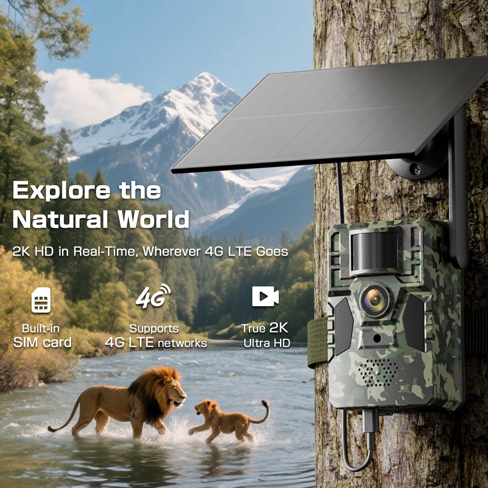 Solar-Powered 4G LTE Trail Camera – 48MP Image 2.7K Live View, Not Support WiFi/Wires, Remote App, Waterproof, Motion Activated,Night Vision, Includes 4G Data Card (Data Refill Required)