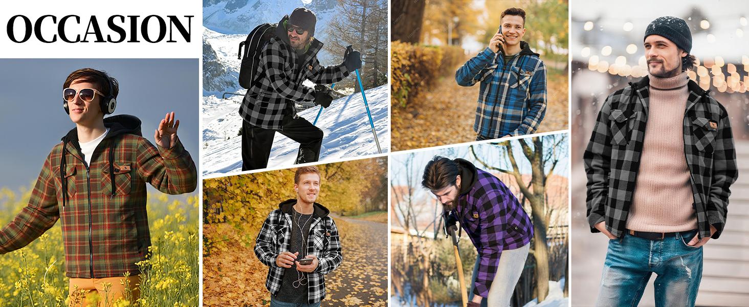 ZITY Men’s Plaid Hooded Fleece Jacket – Windproof Warm Shirt Jacket, Jackets & Tops with Motocross Outdoor Style