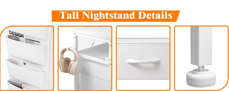 Raybee LED Nightstand with 4/5 Fabric Drawer & Charging Station，Set of 1/2,  Bedside Table, Tall LED Nightstands with USB Ports & Outlets, White End Table with Side Bag & Hooks, Bedroom Furniture, Storage Cabinet