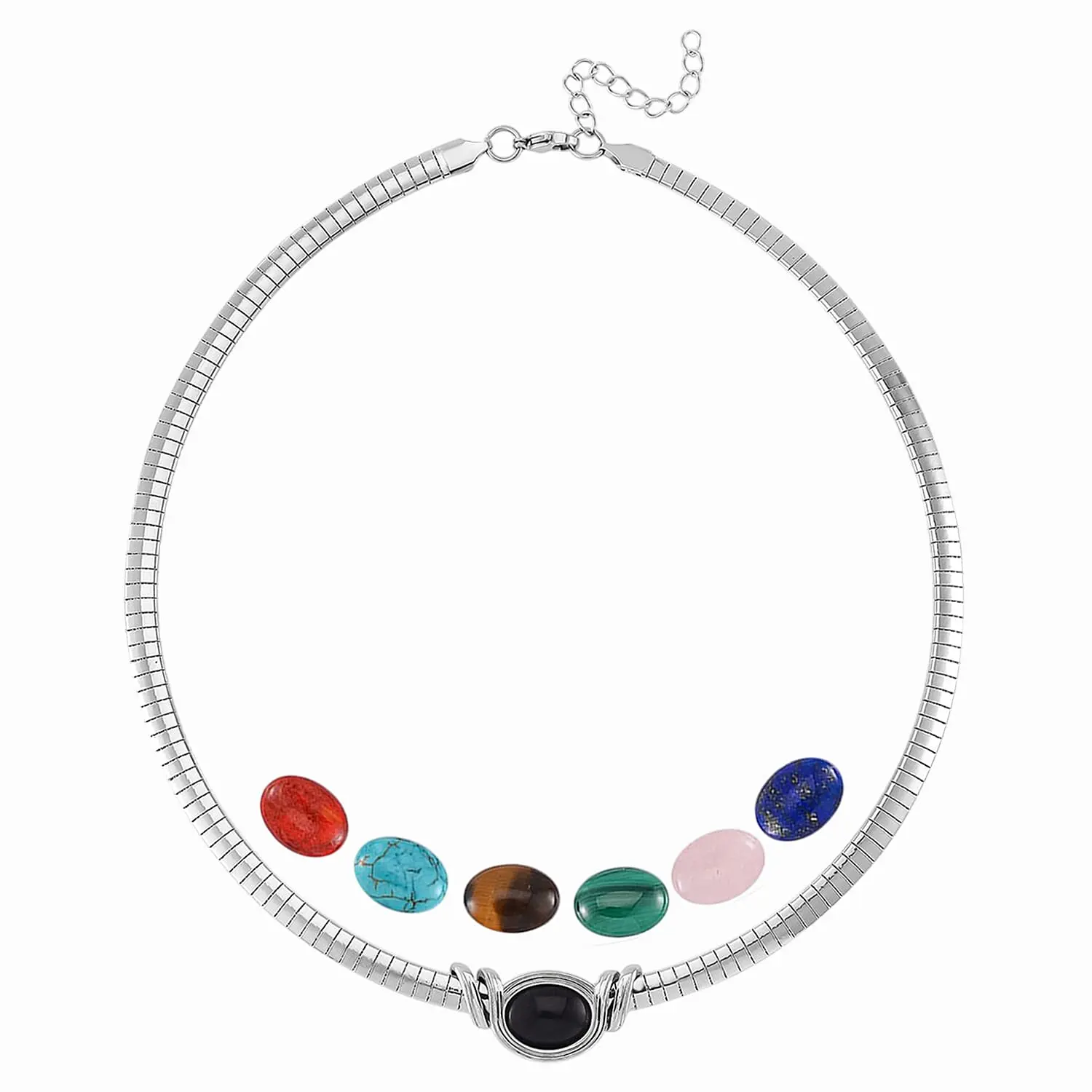 7pcs Interchangeable Multi Gemstone 51.00 ctw Omega Chain Necklace 18-20 Inches in Stainless Steel