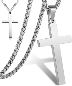 Fashion Cross Pendant Necklace Plated Stainless Steel Simple Big Cross Pendant Necklaces Large Dainty Christian Cross Necklace for Men woman